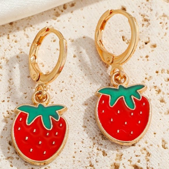 **NEW! SWEET STRAWBERRY Gold Hoop EARRINGS!! FUN FLIRTY! Minimalist Dainty - Picture 3 of 5